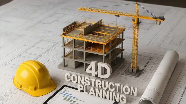 A construction site model with crane and helmet over digital planning layout. Concept of 4D construction scheduling and digital project management.