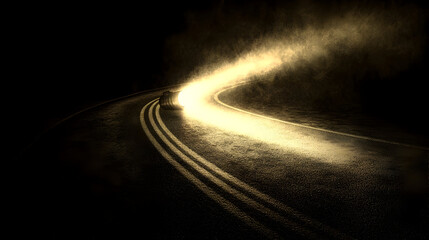 Winding road at night, illuminated by a car's headlights, leading into a misty darkness.  A single vehicle travels down a curve
