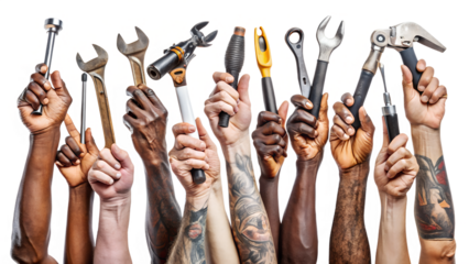 Diverse hands holding various tools together isolated on transparent background