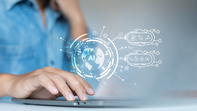 Hand typing on a laptop keyboard with a global AI interface and digital icons, representing artificial intelligence, big data, automation, and global connectivity in modern business.
