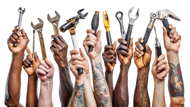 Diverse hands holding various tools together isolated on transparent background