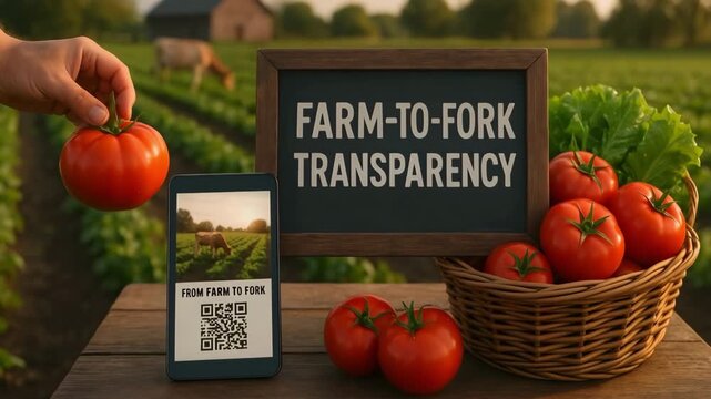 Tomato held in front of farm-to-fork transparency signage and scanable phone app. Concept of agricultural traceability and food source verification.