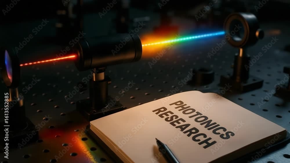 Poster a laser beam disperses into colors in a photonics research lab setup. concept of optical science and
