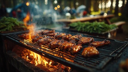 Grilled chicken wings sizzling on a metal grate over a wood fire pit at an outdoor cookout with blurred figures in the background