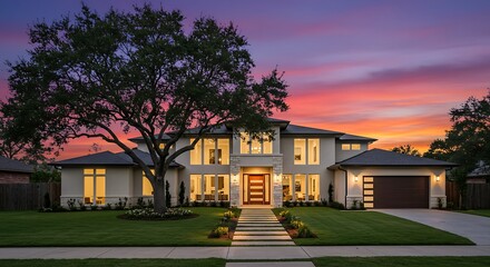 Modern two-story house with large tree in front, set against a colorful sunset sky, showcasing contemporary architecture and landscaping.