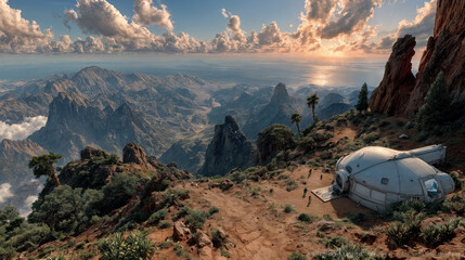 a breathtaking landscape with a vast array of rugged mountains stretching into the distance. The sky is adorned with scattered clouds, and the scene is illuminated by the warm glow.