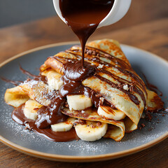 Banana and Chocolate Crepe with Melted Chocolate Sauce