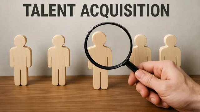 A magnifying glass hovers over a wooden figure under the title talent acquisition. Concept of targeted recruitment and human resources.
