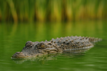 Obraz premium Crocodile Camouflaged in Green Water with Reflective Ripples and Textured Skin in the Wild Natural Habitat