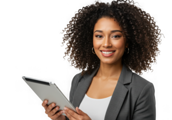 Woman with tablet smiles at the camera on transparent background