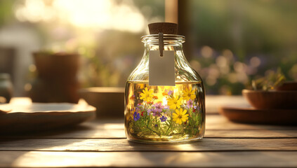 A small glass bottle with oil inside, the bottom decorated with colorful wildflowers, and a blank label hanging on it.