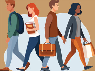 Vector illustration of a diverse group of people walking in daily life
