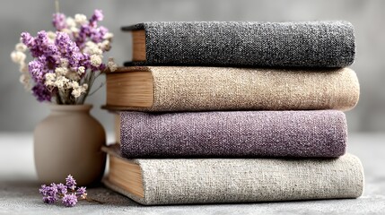 Stacked books with fabric covers and dried flowers.