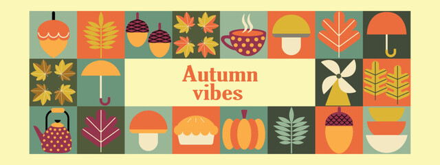 Autumn Vibes Geometric Fall Harvest Collage. Banners with autumn elements in Bauhaus style. Autumn poster design.