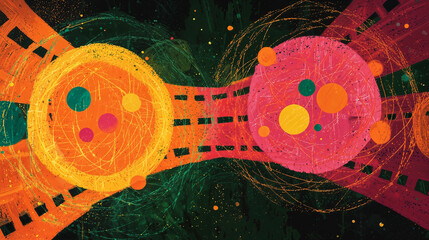 an abstract digital artwork featuring two colorful, circular shapes with various smaller circles and lines connecting them. The background is dark with splatters and swirls of different colors.