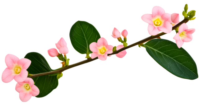Delicate pink flowers on a green branch with lush leaves