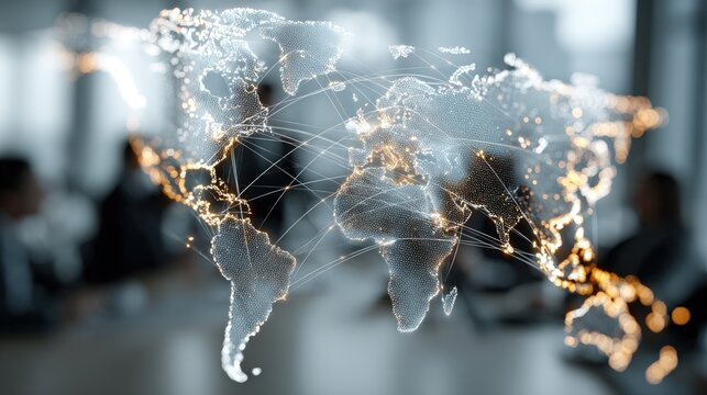 Blurred business meeting with a superimposed glowing world map, illustrating global connections and communication