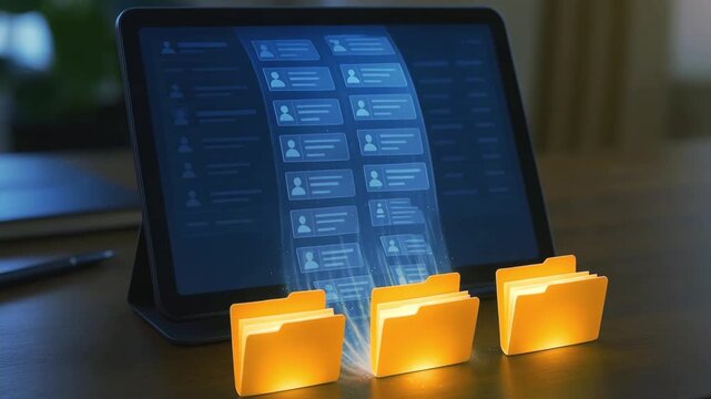 Digital tablet screen transfers files to yellow folders virtually. Concept of electronic document management and data migration.