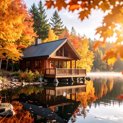 Autumn cabin on a lake