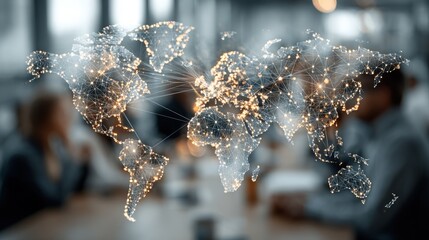 Global map overlayed with glowing nodes and interconnected lines against a blurred business meeting background