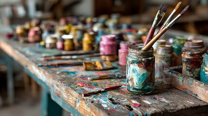 Paintbrushes and paint jars on a rustic wooden table.