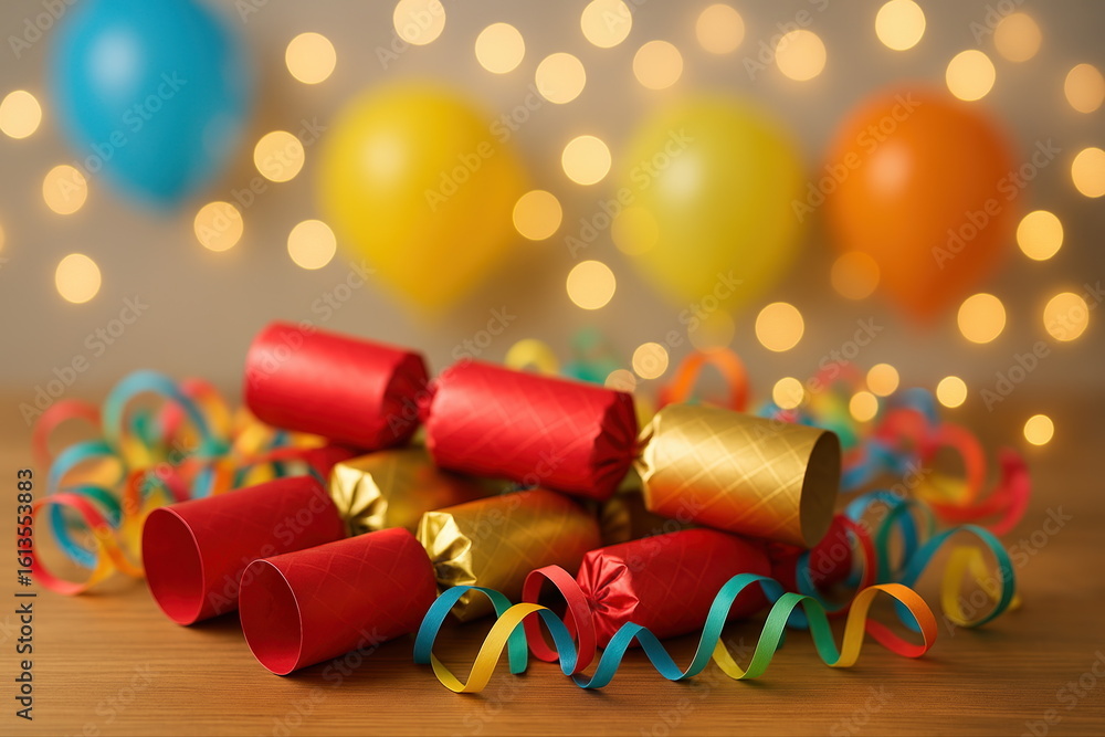 Poster festive table decor with bright crackers and streamers in front of colorful balloons and warm bokeh 