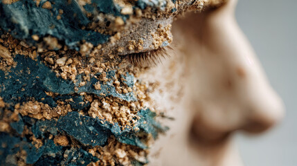 a close-up of a person's face, partially covered in fragments of blue and brown material, possibly clay or paint. The background is blurred, focusing attention on the textured material on the face.