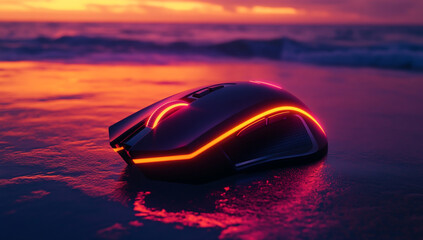 Bright yellow-glowing gaming mouse lying near sunset shoreline and sea foam