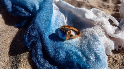 Gold ring resting on a beach scarf.