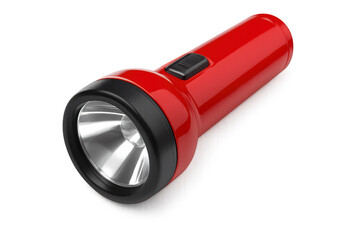 Glowing red flashlight casting sharp light against transparent surface, highlighting emergency preparedness and nighttime illumination tools