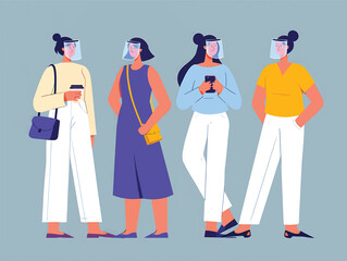 Group of young women wearing protective face shields vector illustration.
