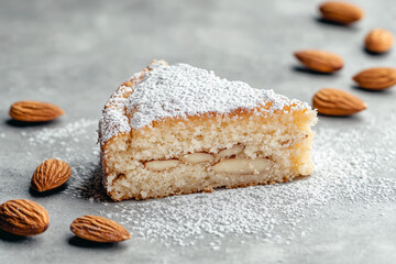 A slice of almond cake dusted with confectioners' sugar, surrounded by scattered nuts on a gray background.