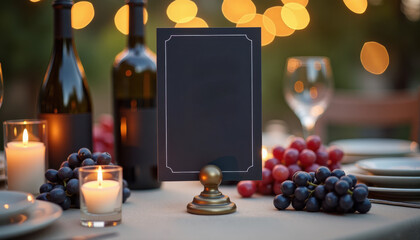 Table number mockup. Elegant table number card mockup with wine and grapes