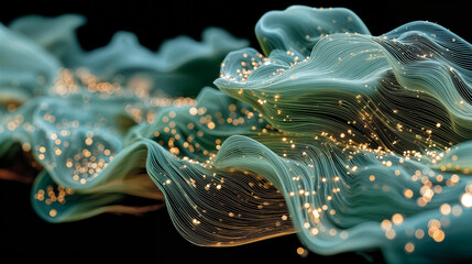 intricate, flowing teal structures adorned with sparkling golden particles, creating a mesmerizing and ethereal visual effect against a dark background.