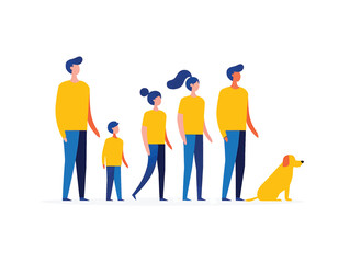 Vector illustration of a large family with a pet dog standing together