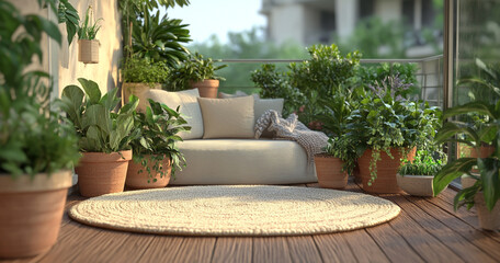 A small balcony garden with potted plants and wooden flooring, featuring an outdoor sofa surrounded by pots of greenery.