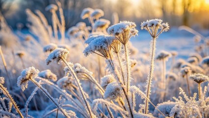 Fototapeta premium Frosty morning scene with a close-up of dry grass covered in a layer of snow, highlighting the intricate details and textures of the frozen vegetation , winter wonderland, winter