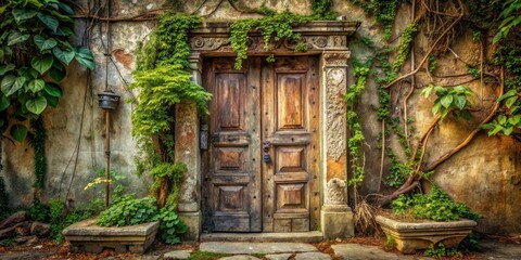 Fototapeta premium Ancient Wooden Doorway Overgrown with Lush Greenery, a Serene Entrance to a Bygone Era