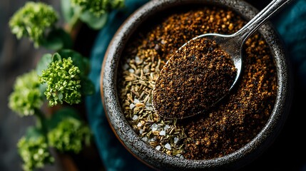 Dark spice blend in a bowl with a spoon.
