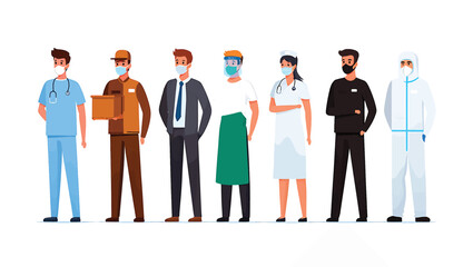 Diverse group of essential workers from different professions vector art.