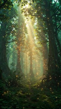 Sunbeams in Ancient Enchanted Forest with Magical Glowing Particles and Ethereal Light