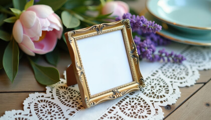 Table number mockup. Blank vintage card in frame with flowers and plates