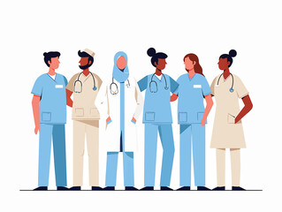 Diverse team of doctors and nurses standing together, vector illustration