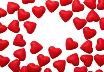 Small, red, textured felt hearts, scattered and clustered on a transparent background with copy space, ultra realistic flat lay product photo with soft light, high-key studio aesthetic, concept of