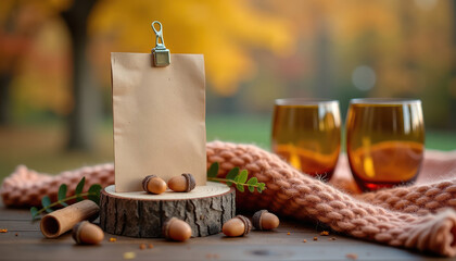 Table number mockup. Fall table card mockup with cozy decor and clipboard