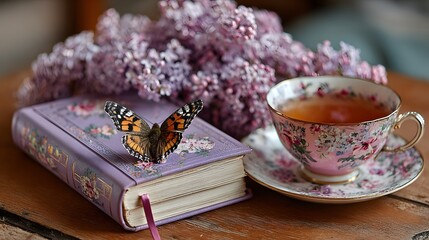 A delicate teacup sits beside a book with a butterfly.
