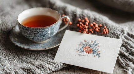 A cup of tea and a delicate floral card on a cozy sweater.
