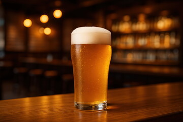 Pint glass filled with amber beer topped with foam on a wooden bar counter. Studio beverage photography with bokeh background. Beer tasting concept. Close-up shot