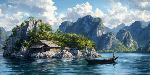 A small boat floats in the middle of Ha Long Bay, Vietnam, with rocky mountains rising behind it.