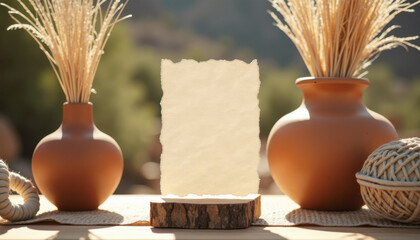 Table number mockup. Blank card mockup in earthy desert wedding setting